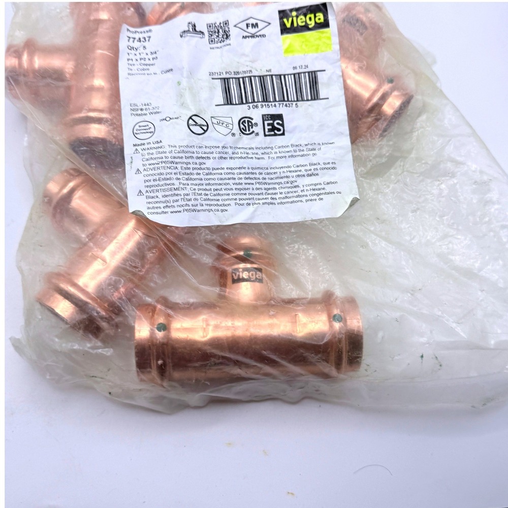 Viega ProPress 77437 1" x 1" x 3/4" Copper Press Tee - 5 Pack